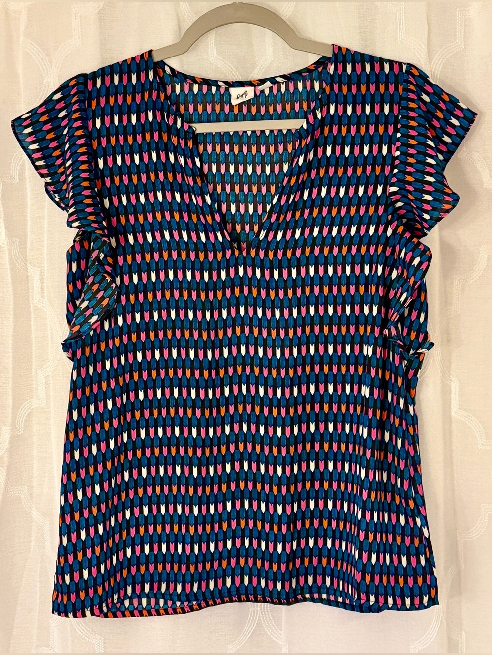 Gap XXS Geometric V-Neck Flutter Sleeve Blouse Navy Pink Blue Top